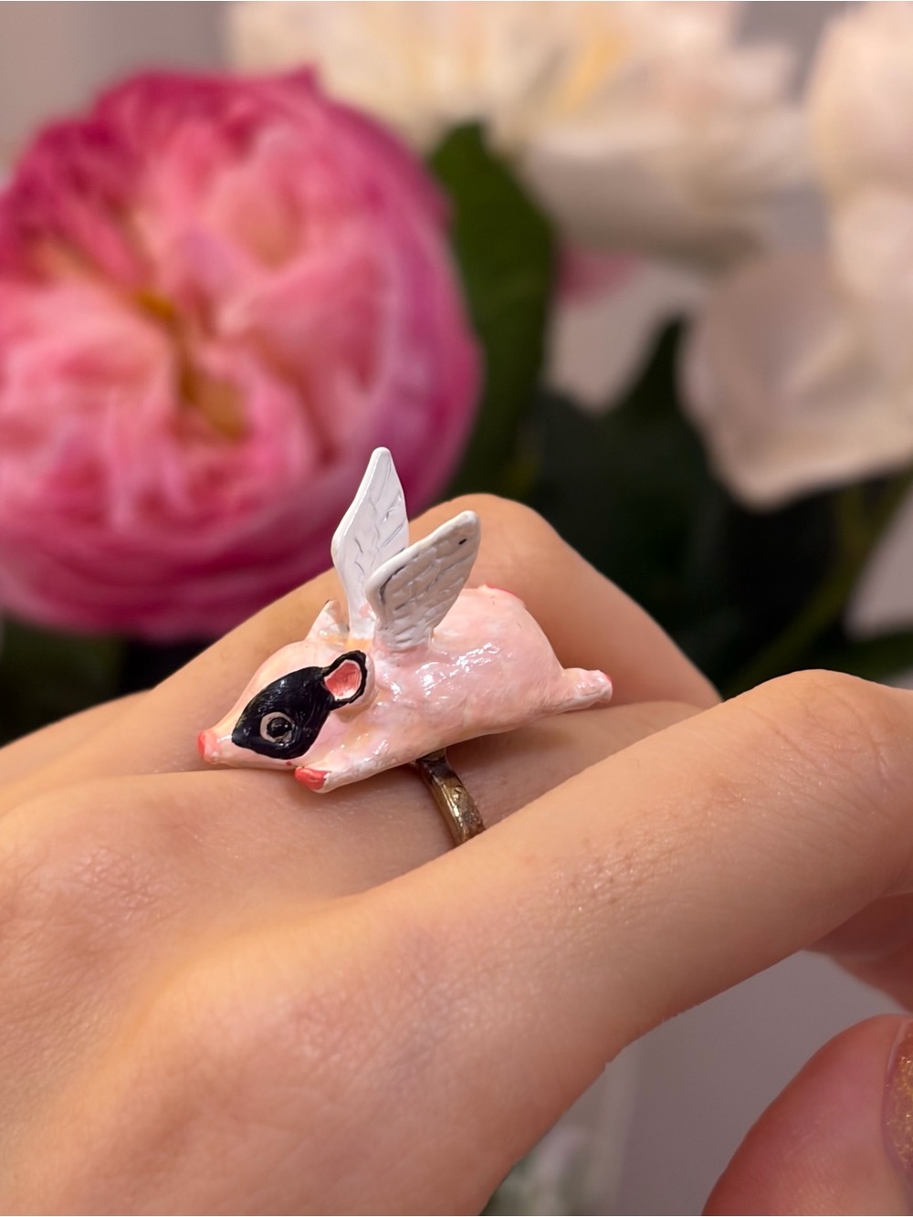 Whimsical Pink Flying Pig Ring - adjustable
